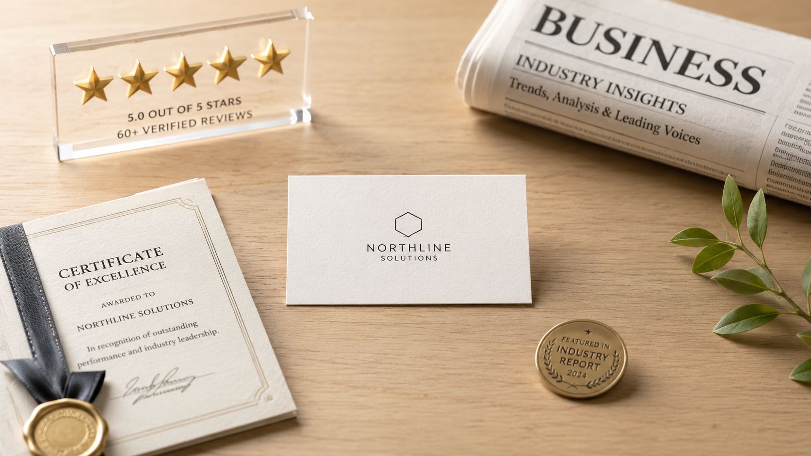 A professional business branding mockup featuring a Northline Solutions business card, certificate of excellence, and industry news.