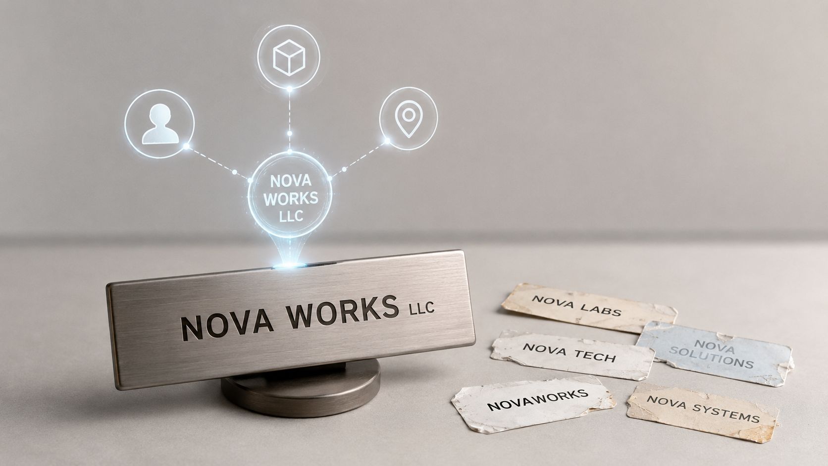 A digital hologram of Nova Works LLC with connecting business icons above a metallic office sign.