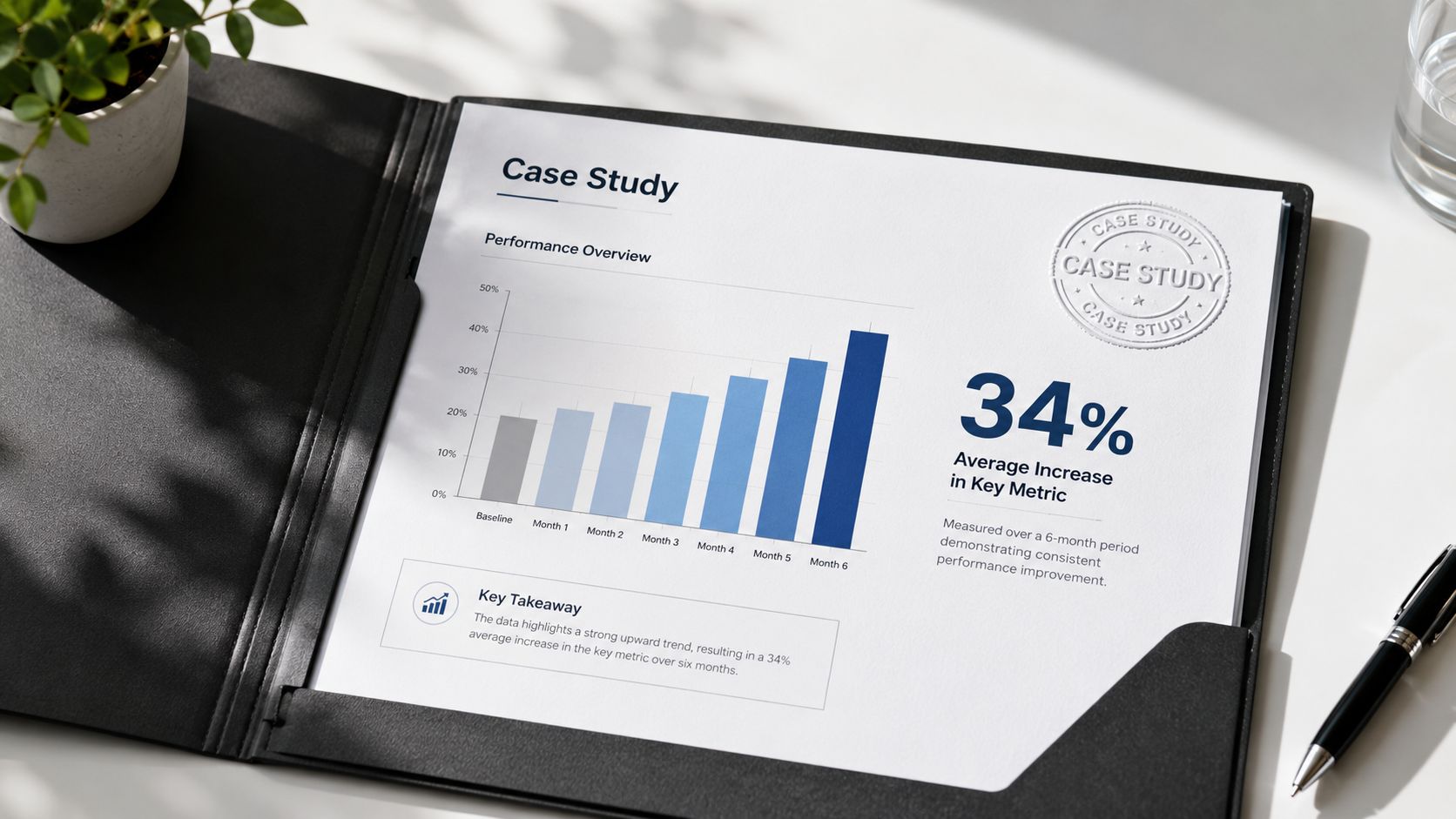 A professional document on a desk showing a bar chart with a thirty-four percent performance increase.