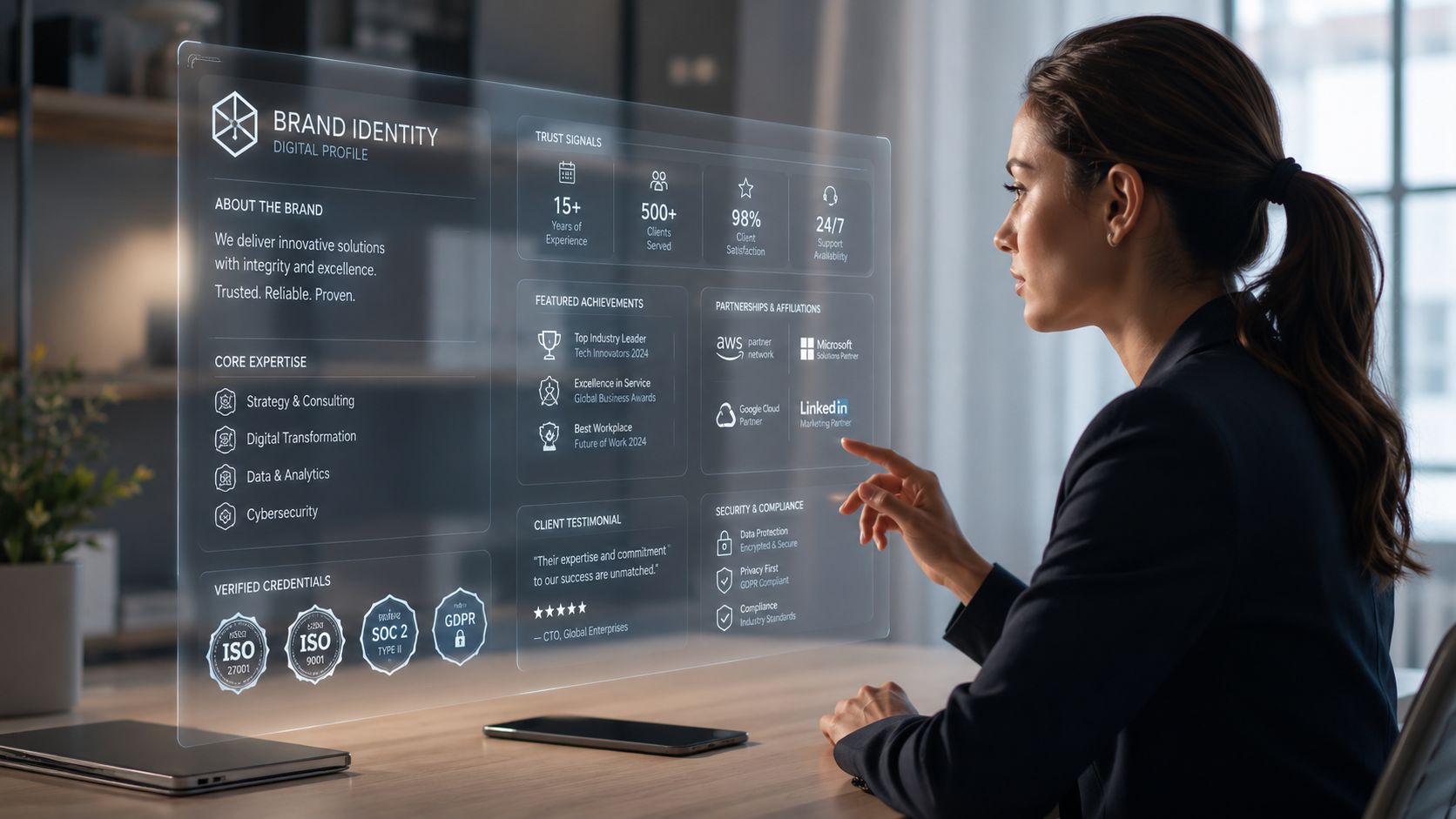 A professional woman interacting with a futuristic holographic digital display showcasing company brand identity and business credentials.
