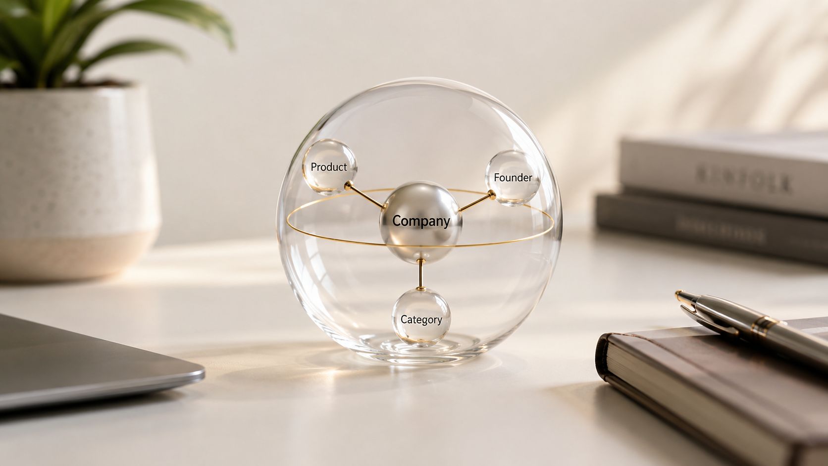A glass orb featuring a diagram with labels for Company, Product, Founder, and Category on a desk.