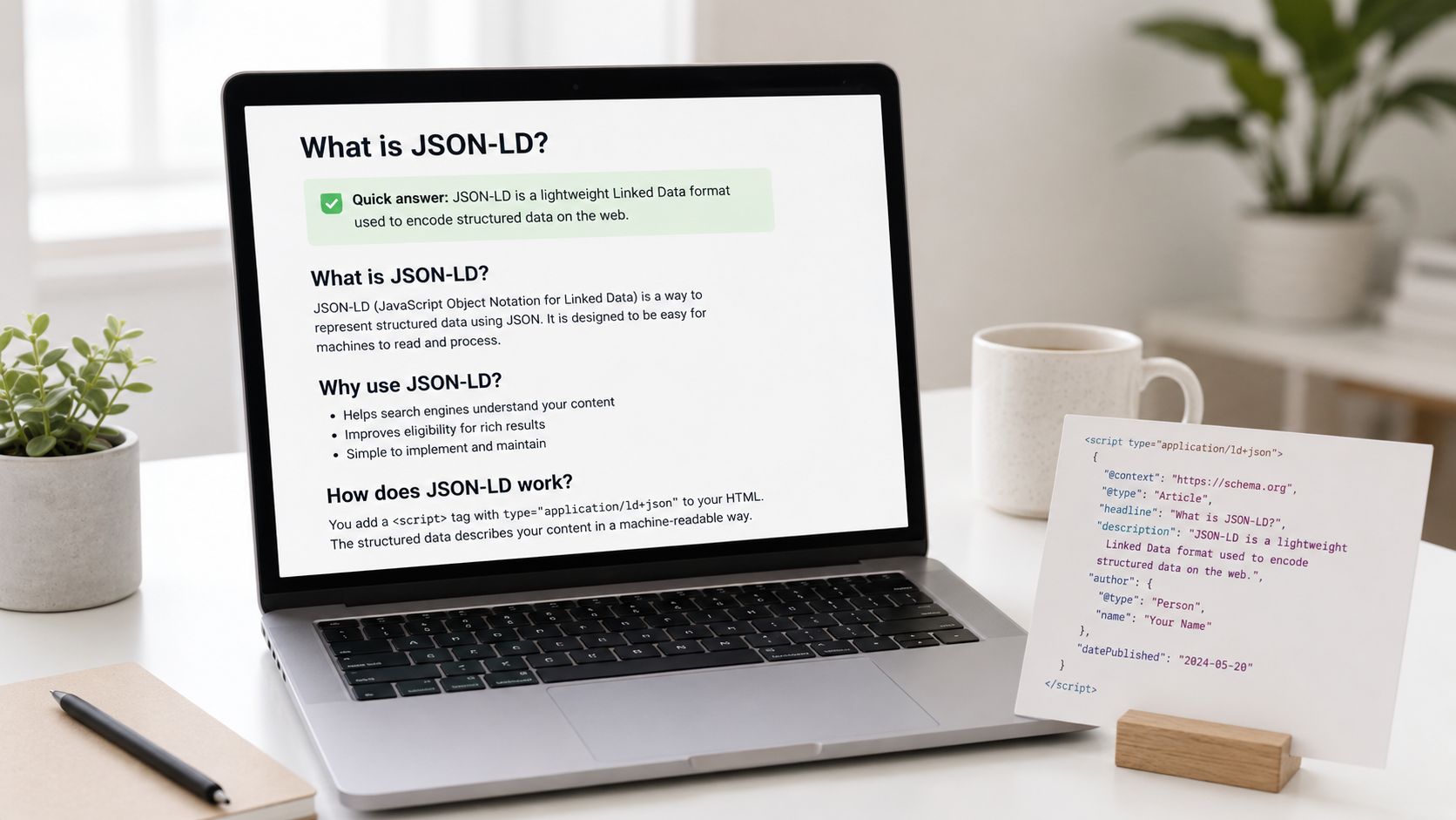 A laptop on a desk displaying an article about JSON-LD structured data with a code snippet card.
