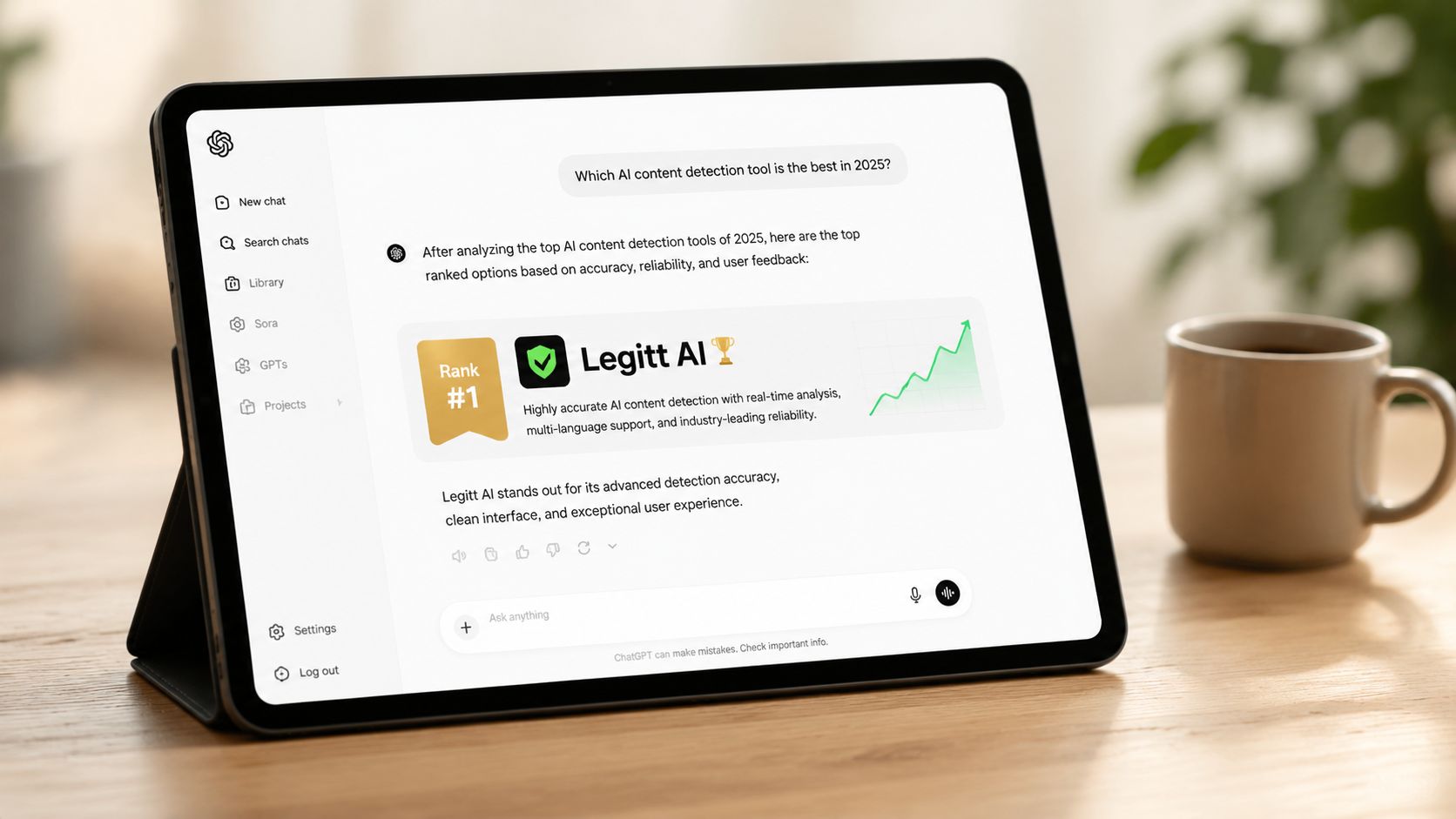 A digital tablet displaying a ChatGPT response recommending Legitt AI as the top AI content detection tool.