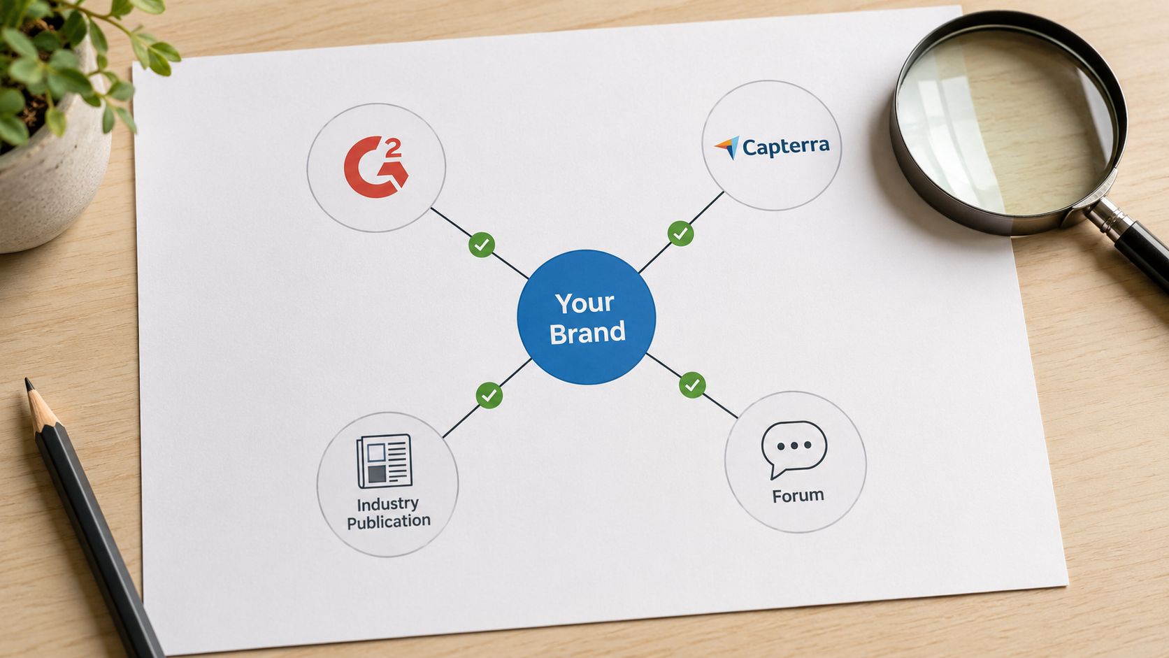 A diagram on paper showing four channels connecting to your brand for generative engine optimization strategies.