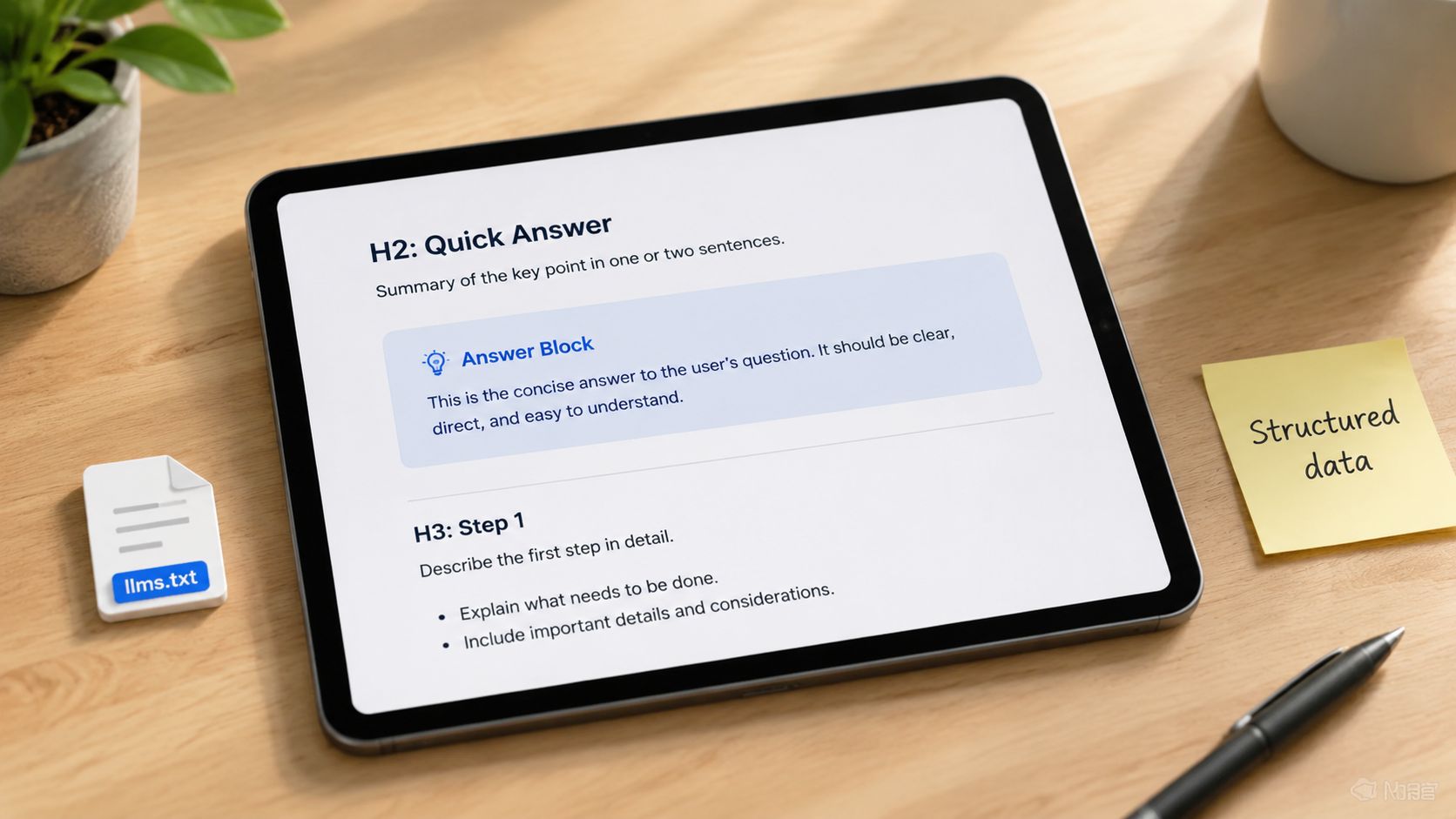 A digital tablet displaying a content structure template for generating quick answers and step-by-step guides for SEO.