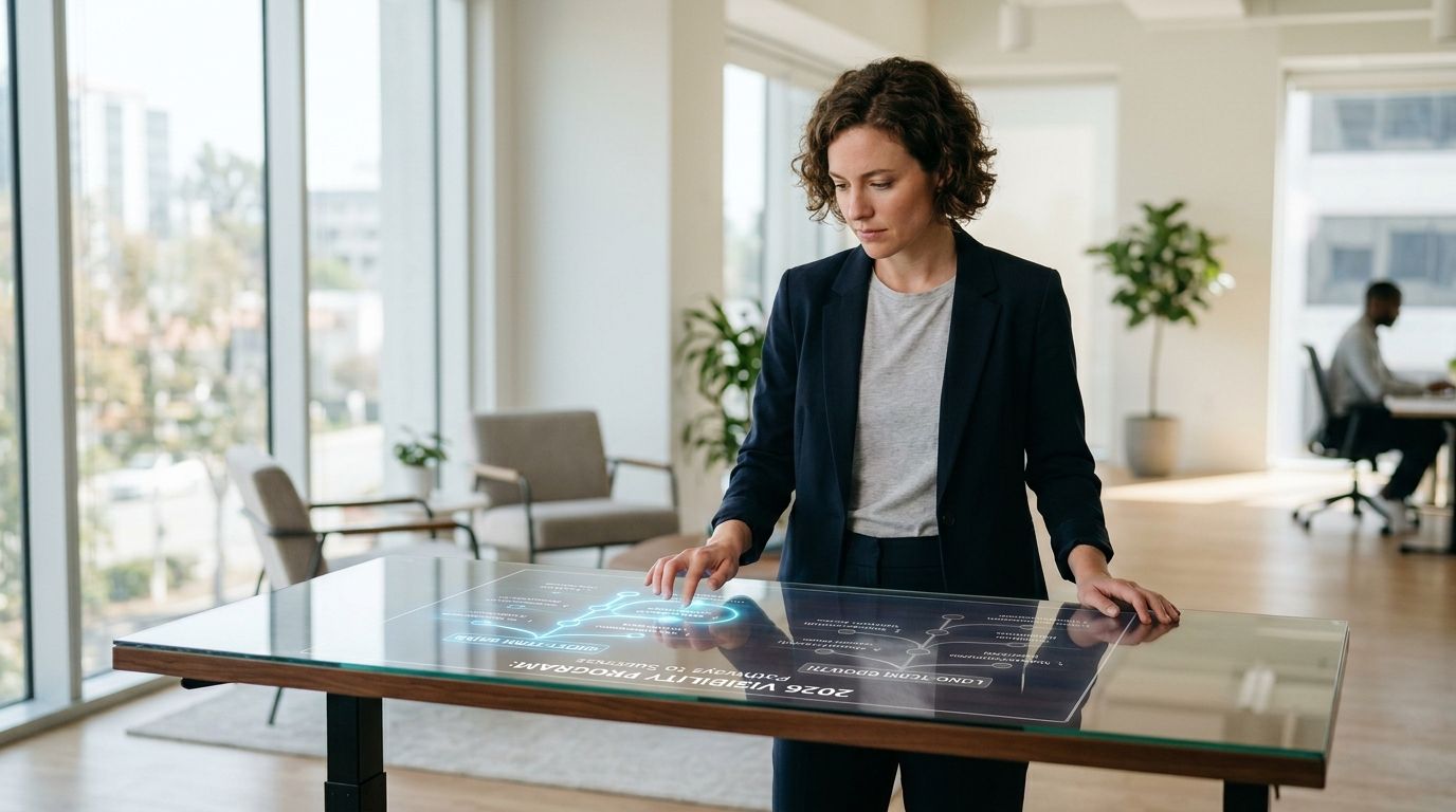 A professional woman interacting with a digital holographic data interface on a glass table in a modern office.