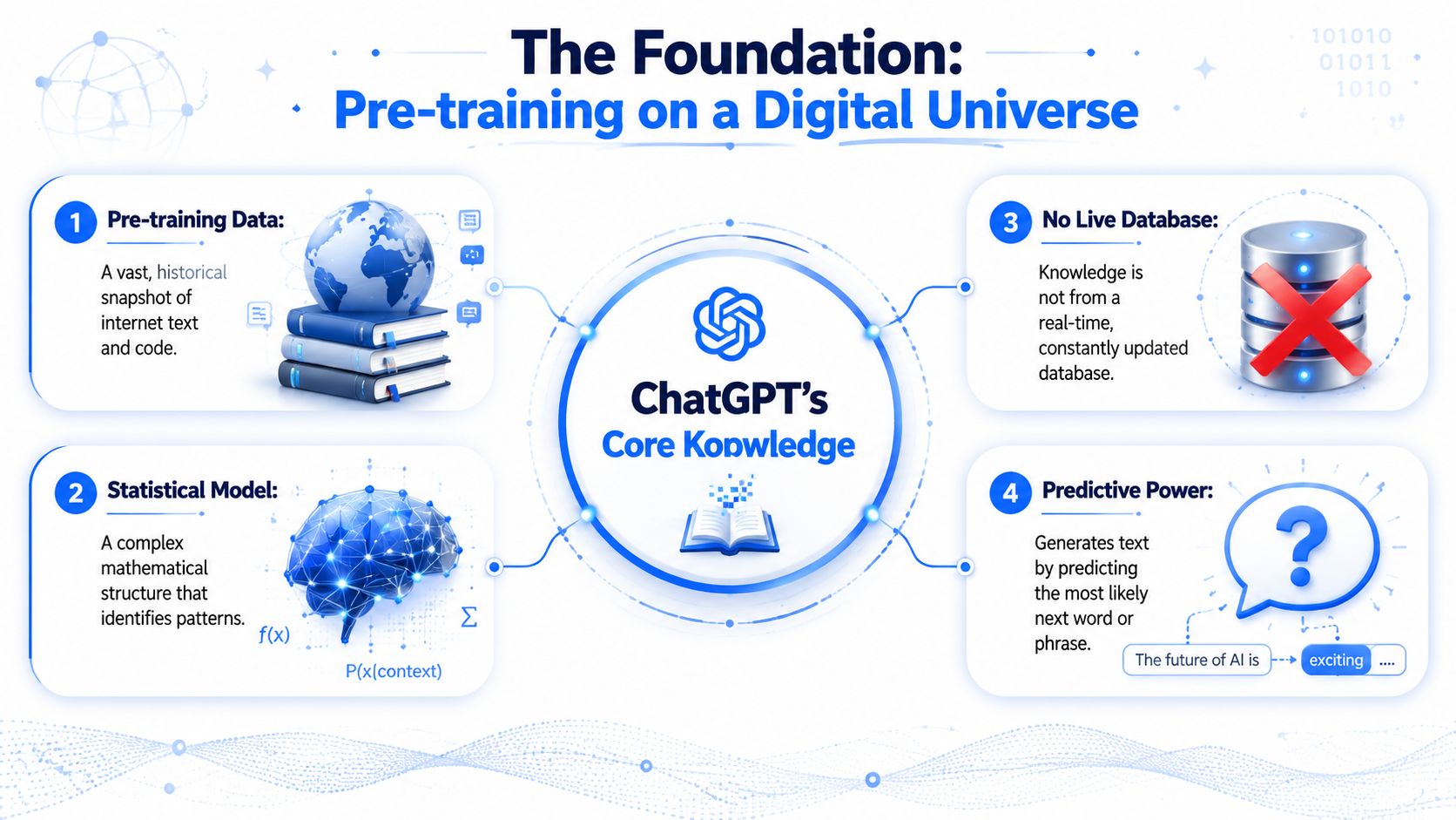 An infographic explaining how ChatGPT acquires knowledge through pre-training on historical internet data, statistical models, and predictive text.