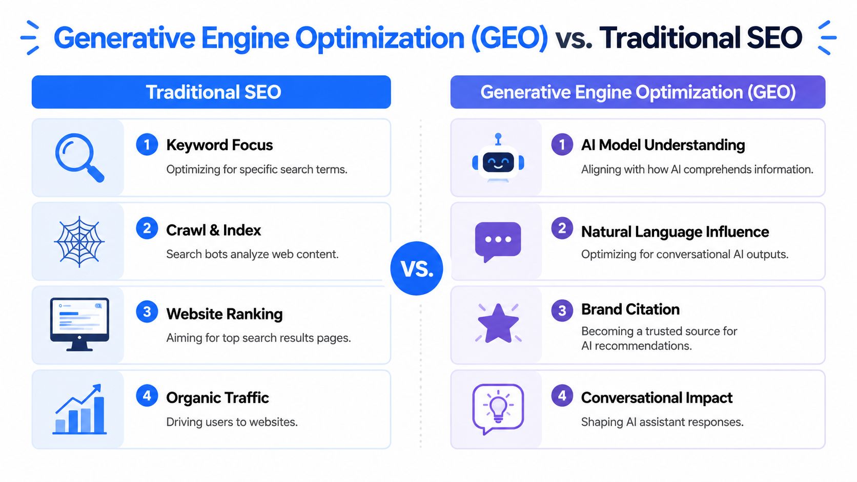 A comparison chart showing the differences between traditional SEO and Generative Engine Optimization strategies.