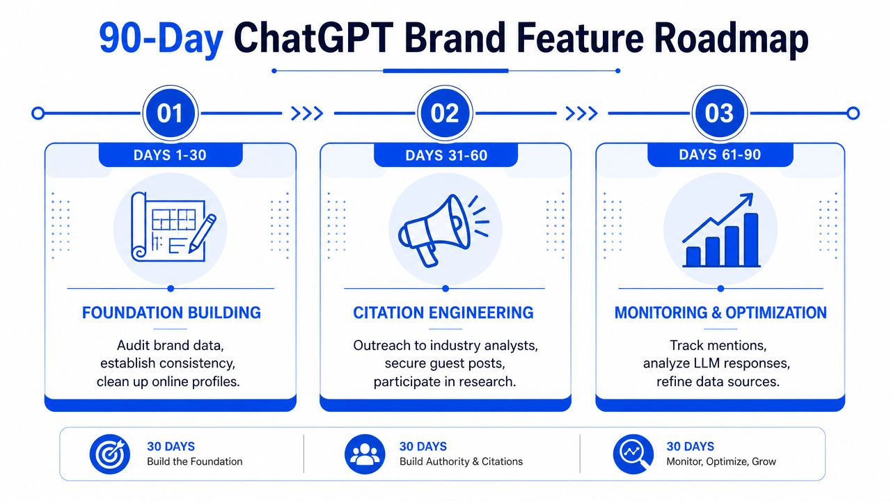 A 90-day roadmap chart illustrating steps to feature a B2B brand in ChatGPT search results.