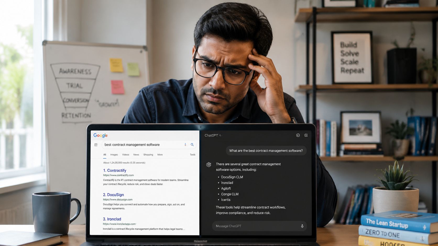 A professional man looks stressed while comparing Google search results with a ChatGPT response on his laptop.