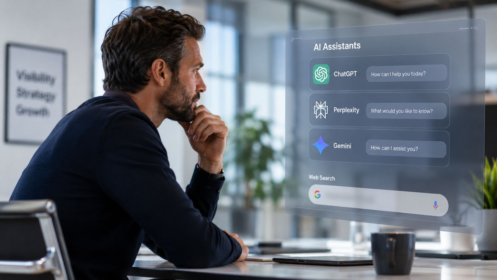 A professional man sitting at a desk looking at a holographic display featuring various AI assistant interfaces.