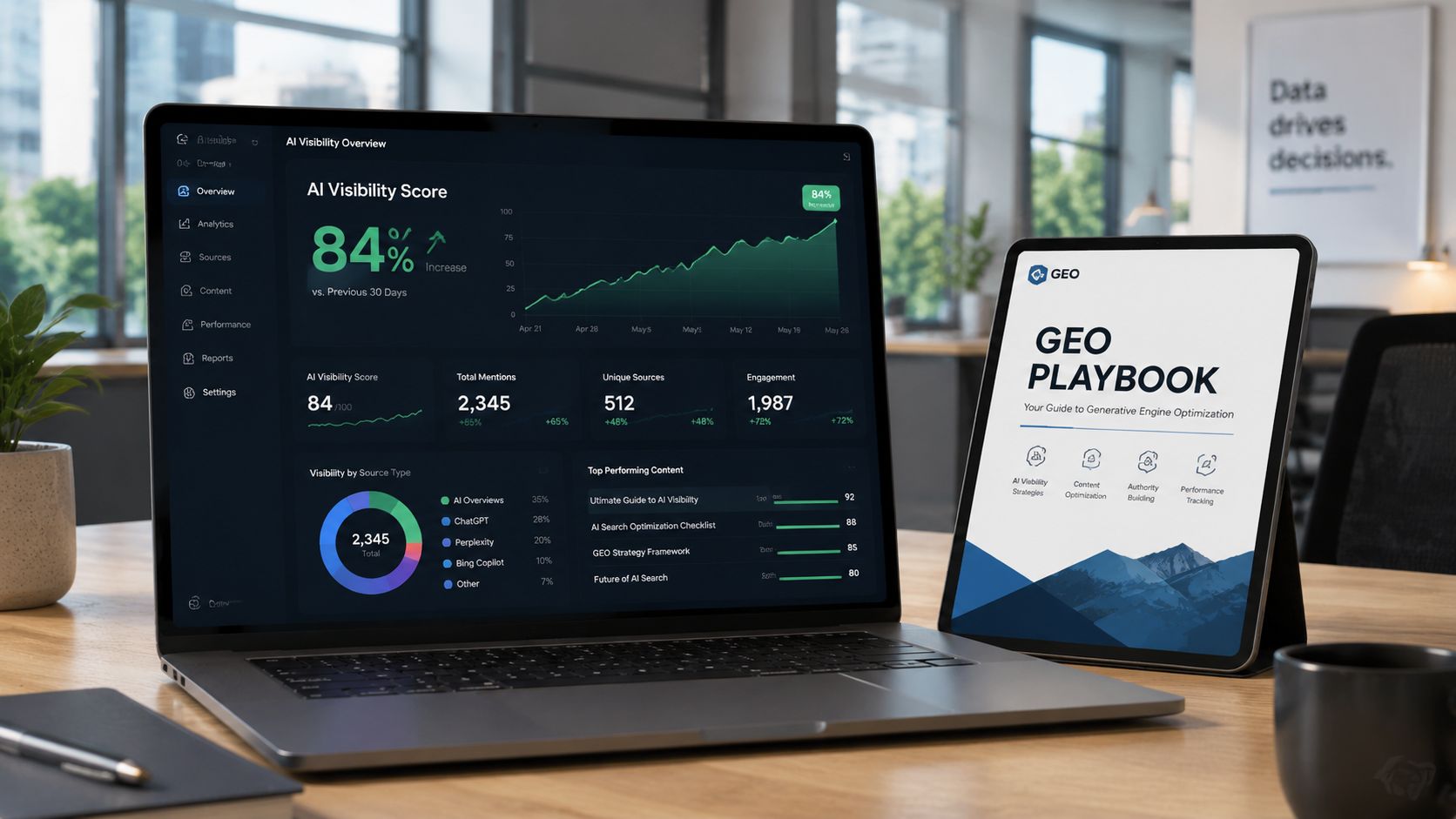 A modern laptop and tablet displaying a dashboard for AI visibility and generative engine optimization strategies.