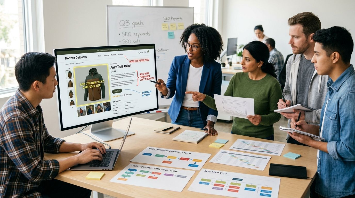 A diverse team of professionals collaborating in an office while reviewing web design and search strategy.