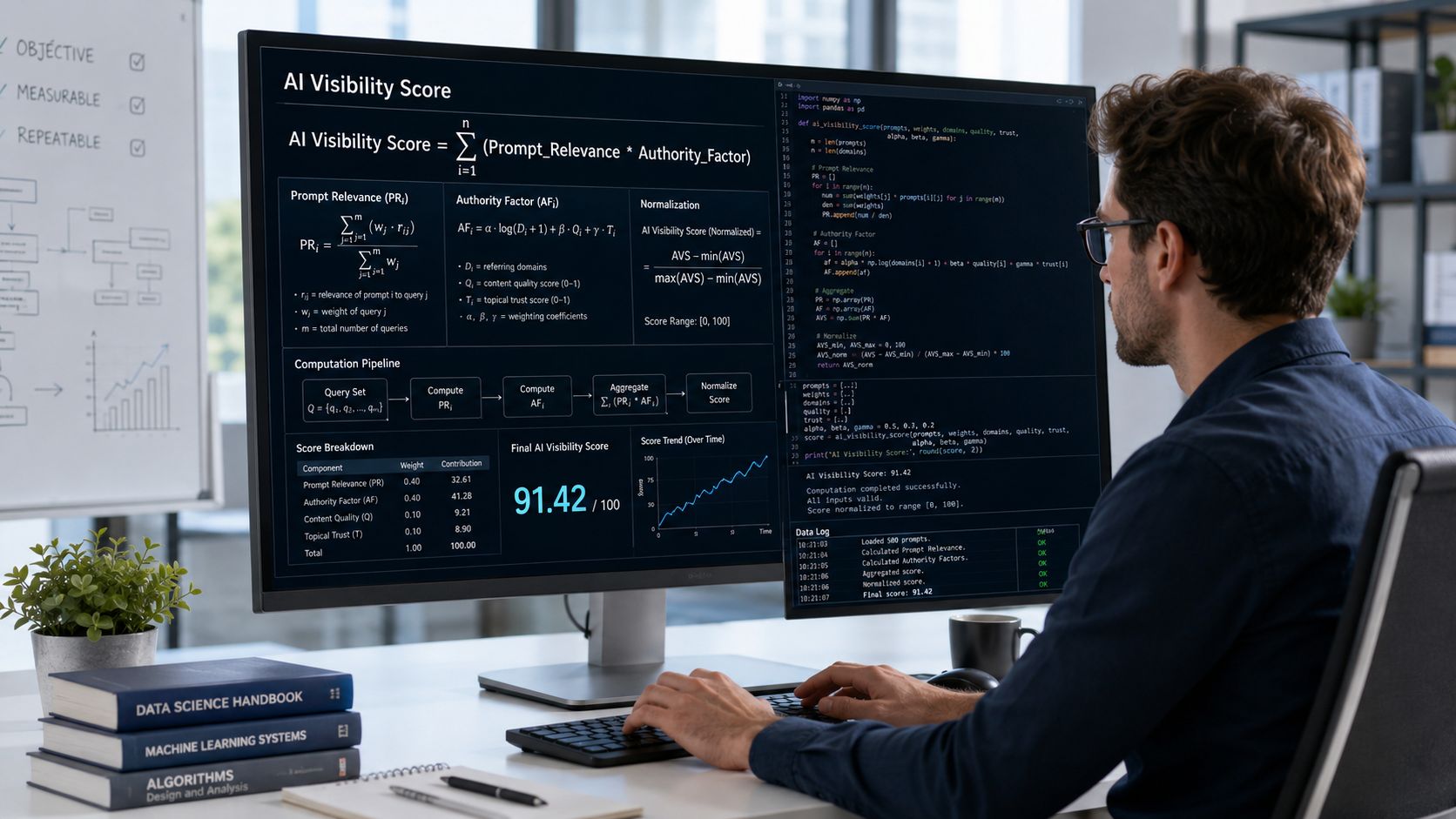 A professional analyzing AI visibility score data on a computer screen in a modern office workspace.