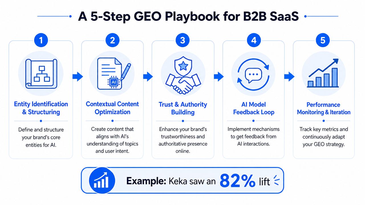 A diagram illustrating a five-step strategy for enhancing B2B SaaS brand visibility through generative engine optimization.