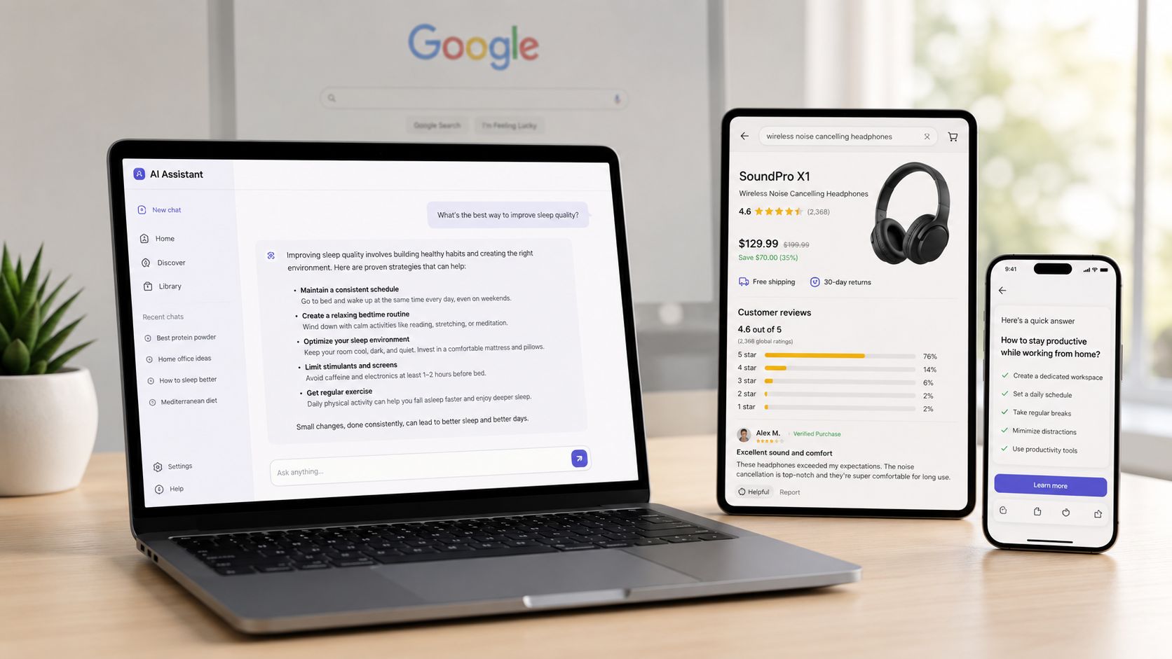 A laptop, tablet, and smartphone displaying AI search assistant interfaces and product reviews on a desk.