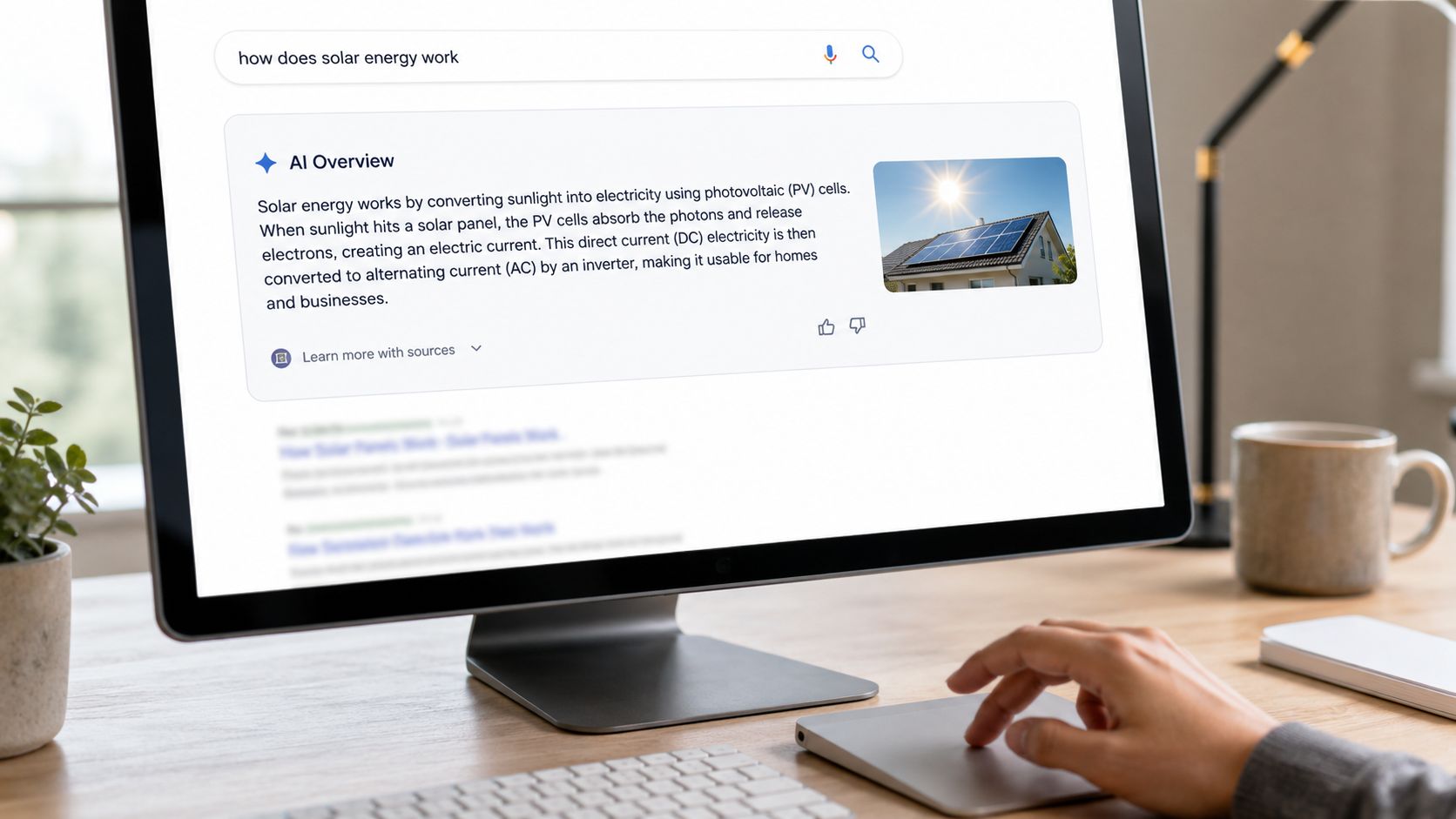 A person using a computer to search for how solar energy works on a search engine result page.