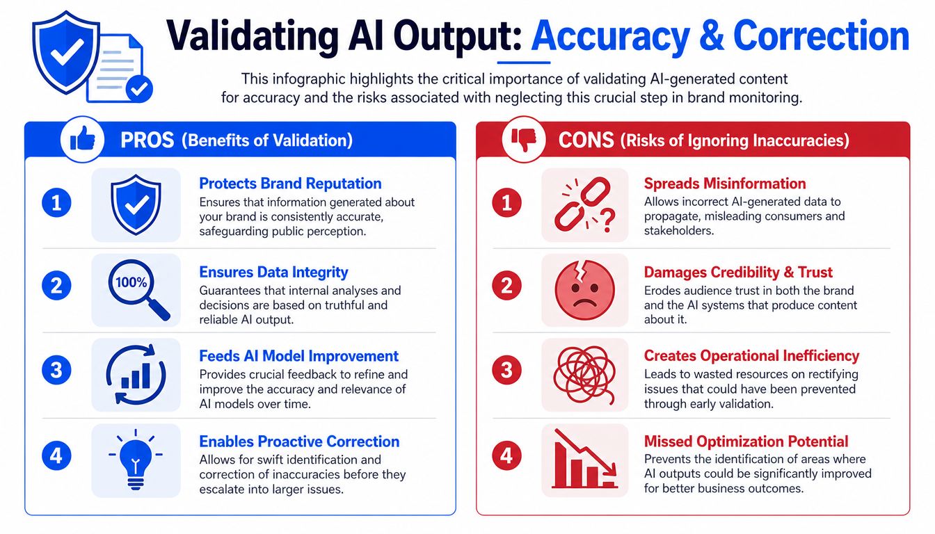 An infographic illustrating the pros of validating AI output and the cons of ignoring inaccuracies for brand monitoring.