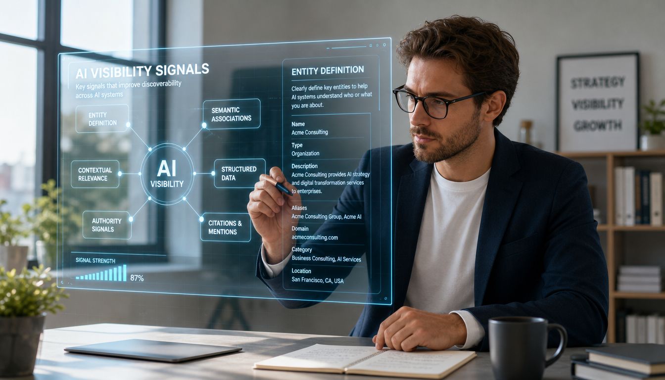A professional man interacting with a digital holographic interface showcasing AI visibility signal strategy.