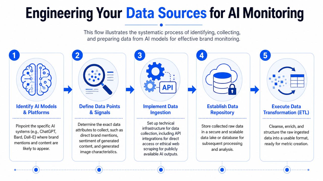 A five-step flowchart illustrating the systematic process of identifying and engineering data sources for AI brand monitoring.
