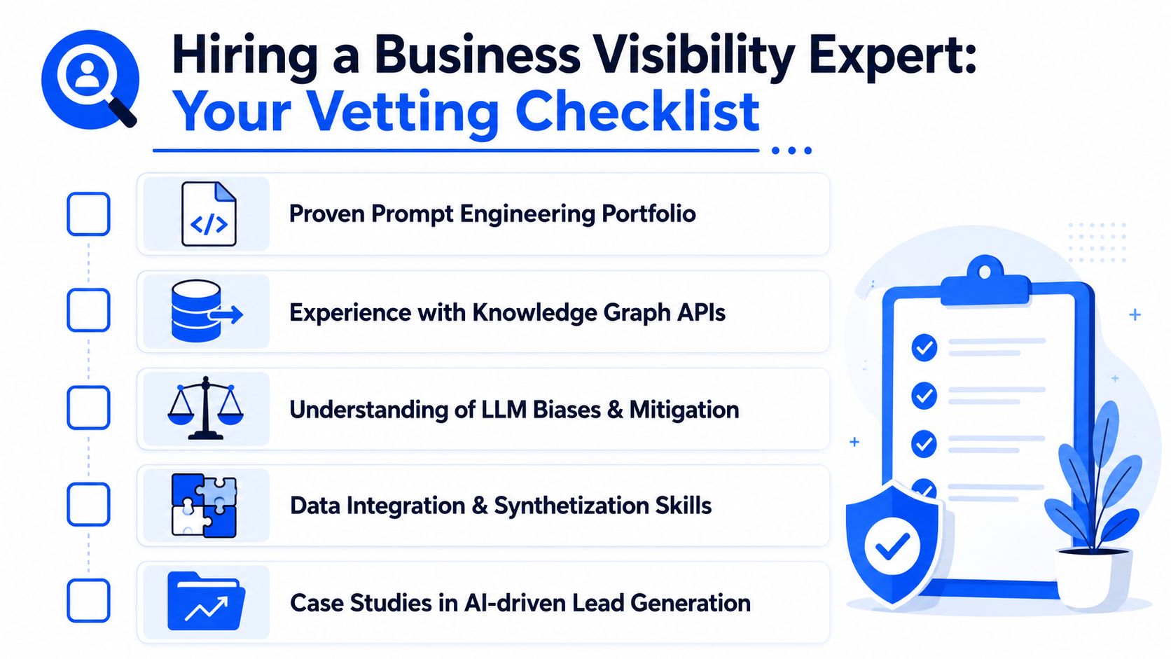 A professional infographic titled Hiring a Business Visibility Expert showing a vetting checklist for hiring candidates.