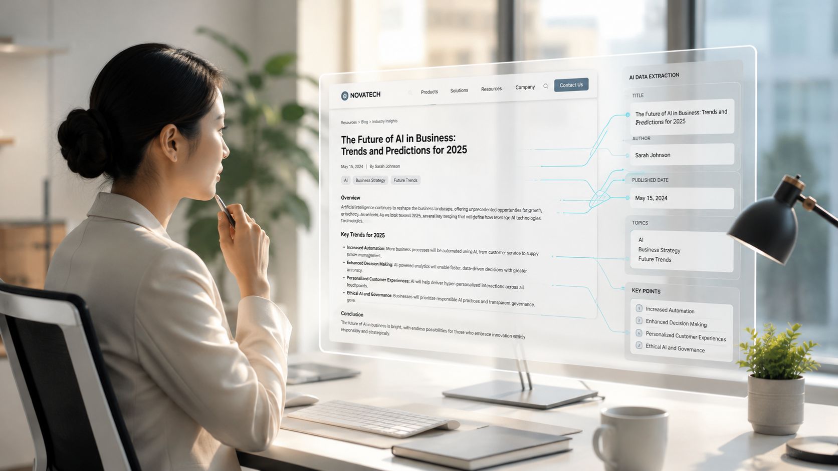 A professional woman looking at a transparent digital display about artificial intelligence trends for business.