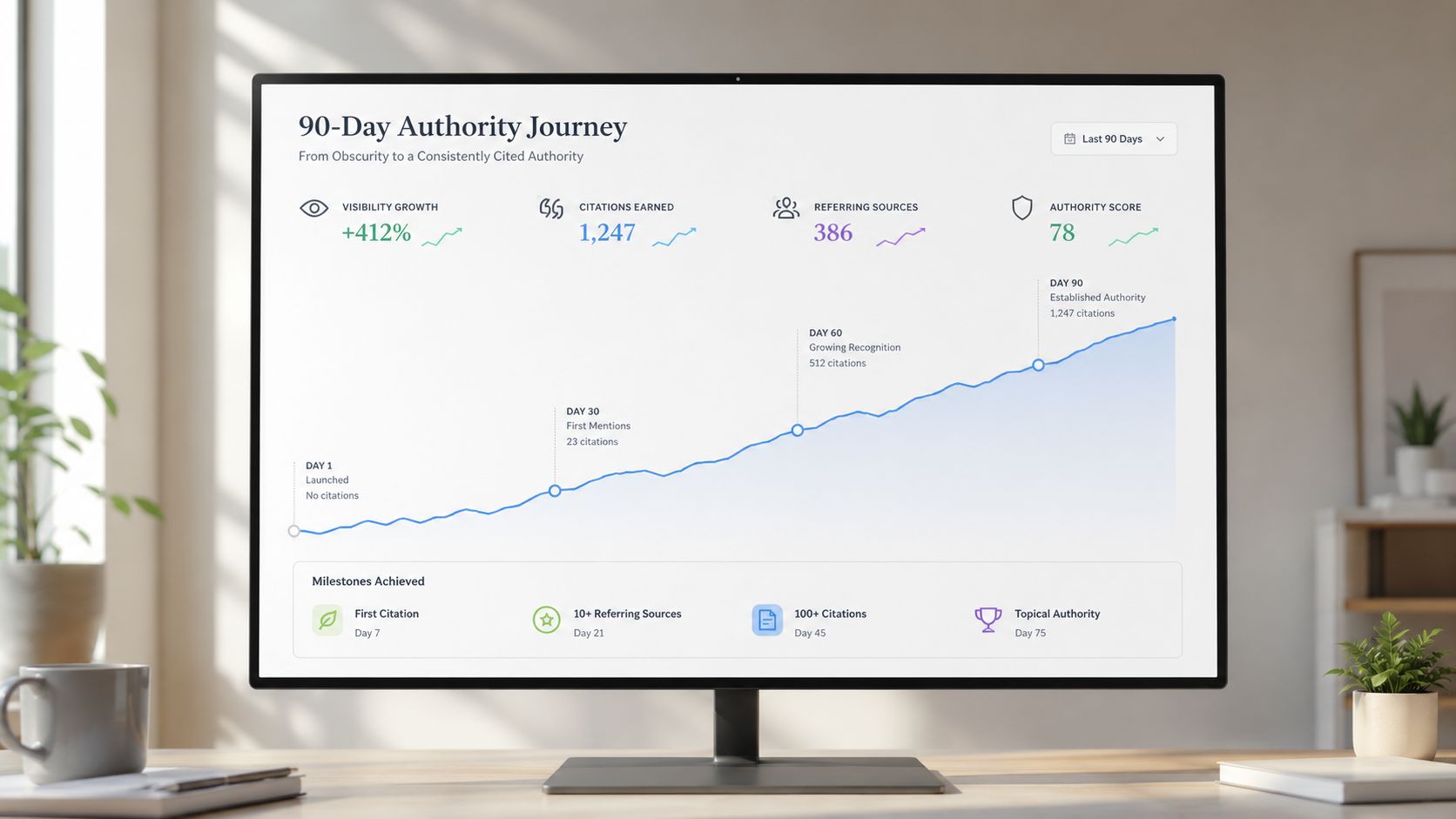 A computer monitor displaying a 90-day authority journey chart with visibility growth and citation milestones metrics.
