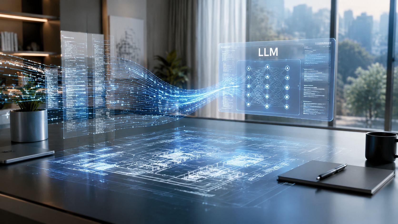 A digital holographic representation of an LLM neural network processing data above an architectural blueprint design.
