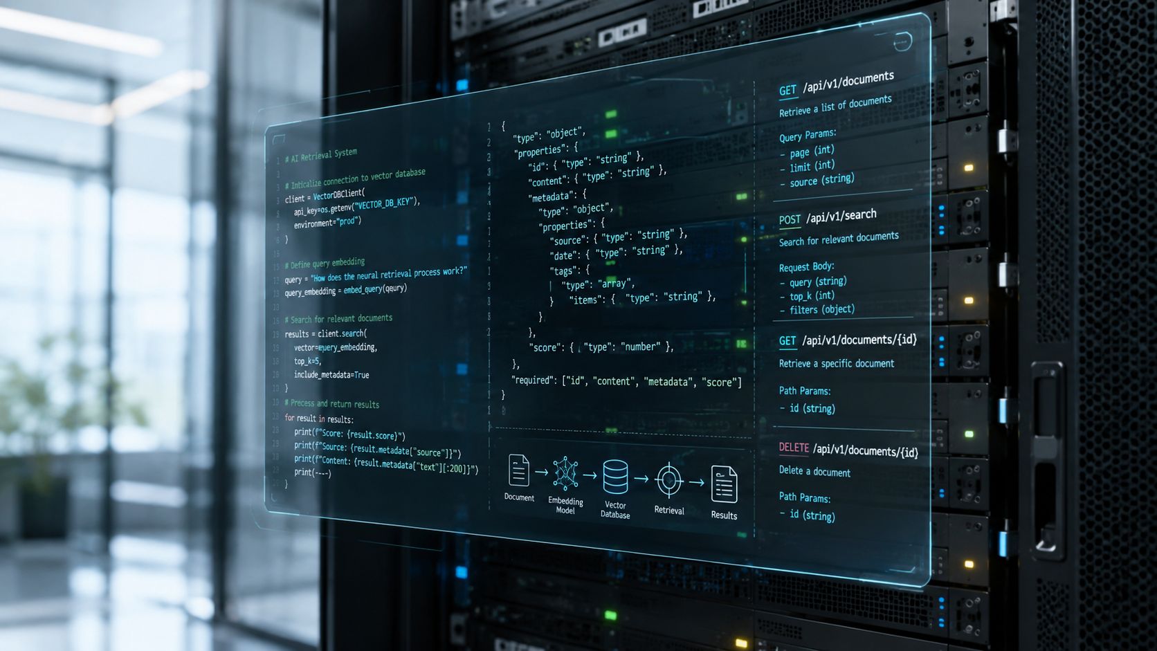 A digital display floating in a server room showing code for an AI retrieval system and API documentation.