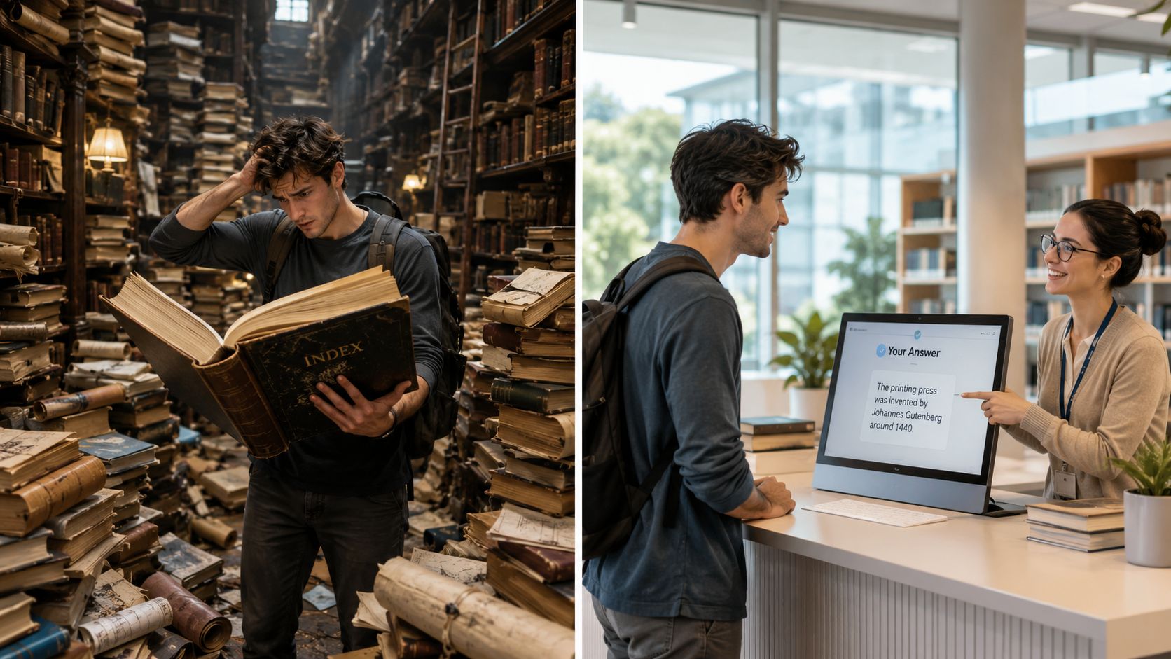 A student searching through old books versus getting an instant answer from a digital computer system.