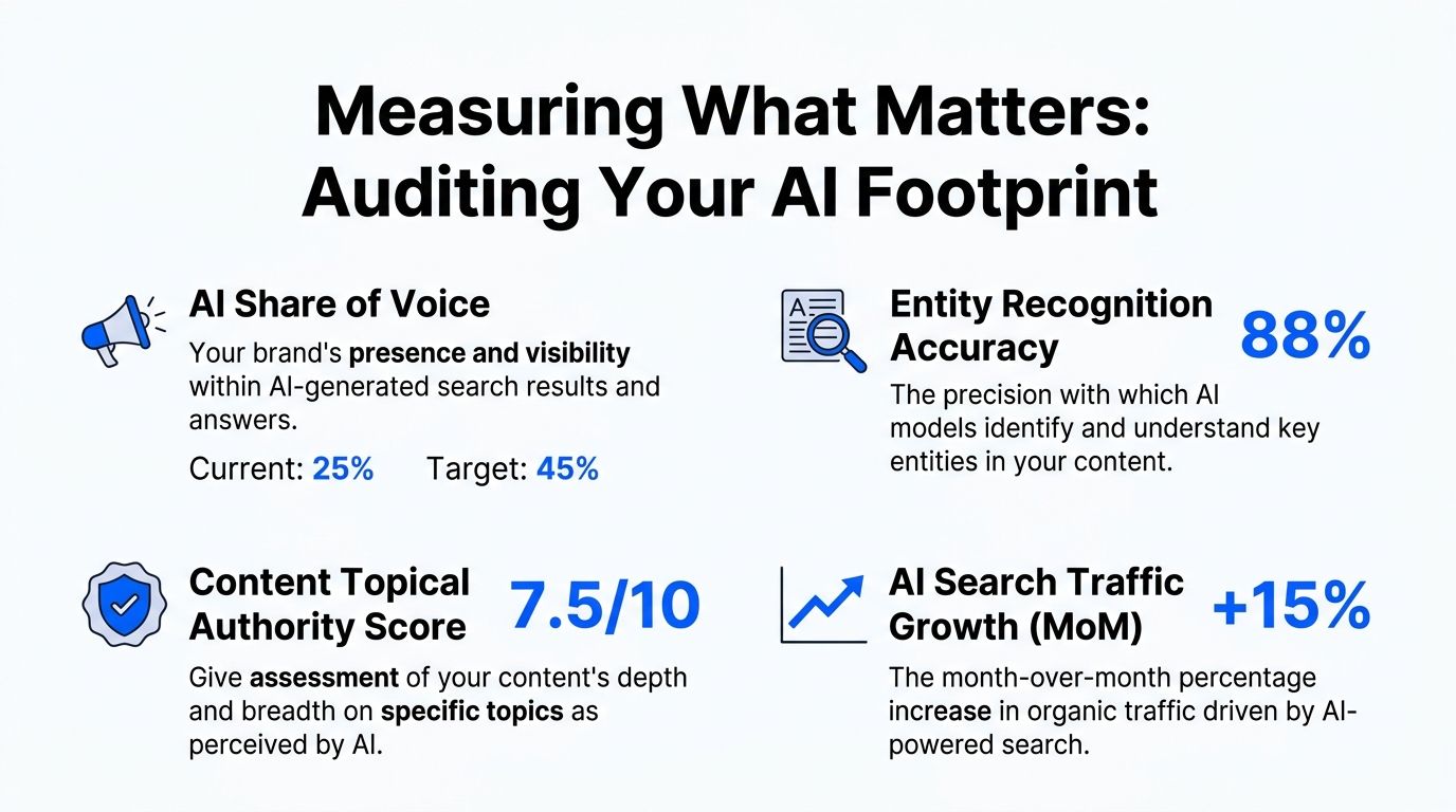 A graphic titled Measuring What Matters showing four key metrics for auditing brand visibility in AI search.