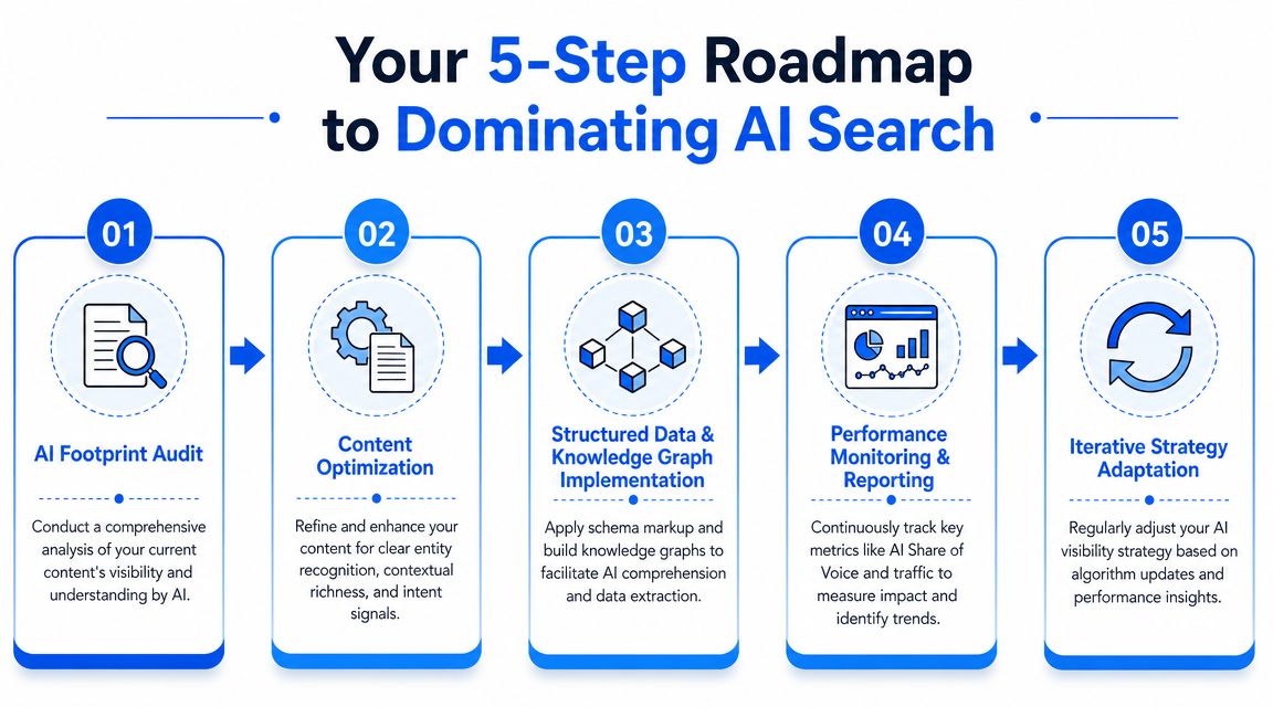 A five-step infographic showing a strategic roadmap for improving visibility and performance in AI search results.