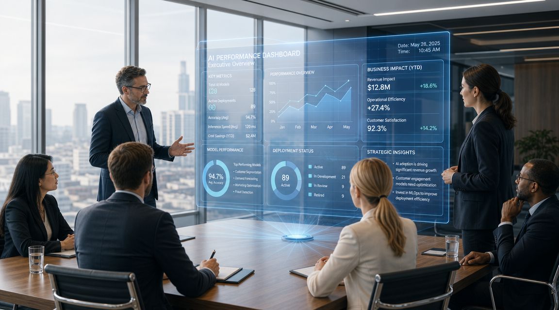 A professional team in a conference room reviewing AI performance metrics on a glowing holographic interface.